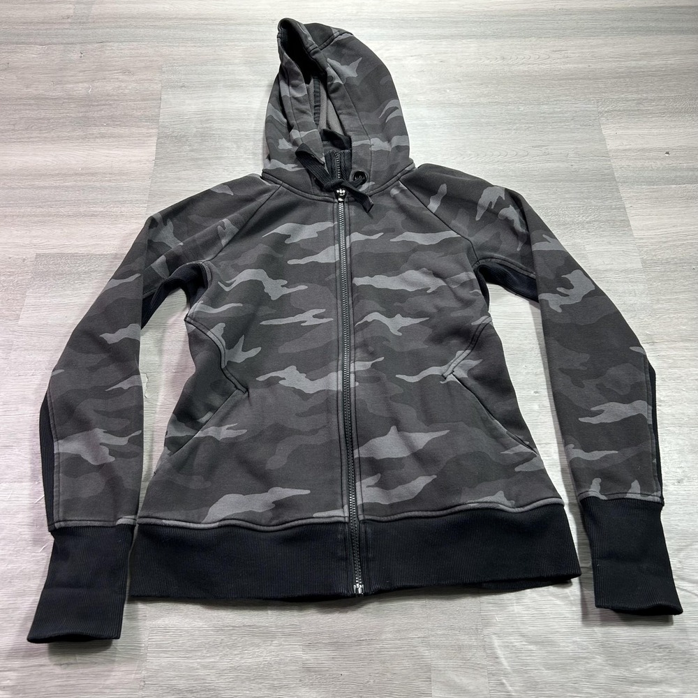 Athleta Hoodie Womens Small Gray Camo Full Zip Fleece Sweatshirt Thumbholes